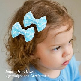 KISZU 3 Inch Glitter Hair Bows Clips, Sparkling Sequin Little Bow HairPins for Baby Girls Children Teens and Women (Light Blue)