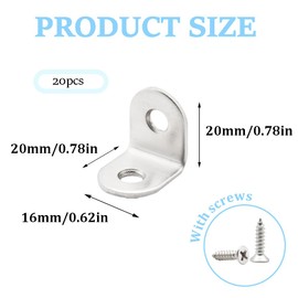 CEEYSEE Pack of 20 Corner Brackets 20 x 20 mm L-shaped Bracket 90 Degree Stainless Steel Angle Connector with 40 Pieces Screws for DIY Projects Furniture Chair Table Bookshelf Attachment