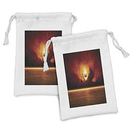 Lunarable Mystic Fabric Pouch Set of 2, Dramatic Apocalyptic Sun Eclipse View Dark Red Skyline Sea Horizon View Image, Small Drawstring Bag for Toiletries Masks and Favors, 9" x 6", Orange Yellow