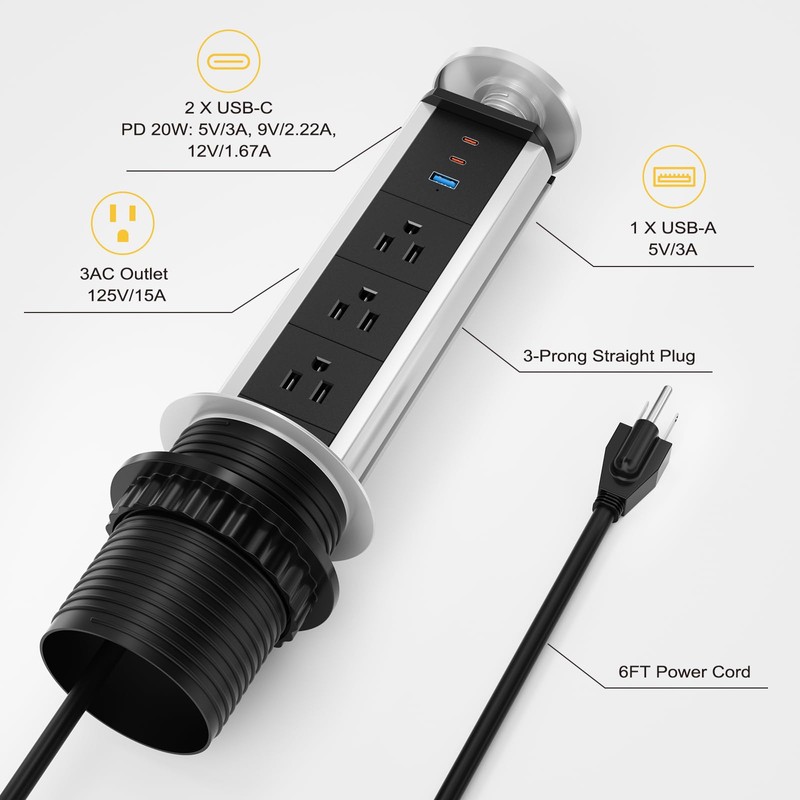 Pop Up Outlet for Countertop, Pop Up Socket with 3