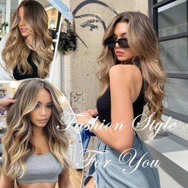 cuiud Ombre Blonde Wig for Women 20 Inch Long Caramel Brown Wavy Wigs Natural Lace Hailine Middle Part for Beginners Synthetic Blond Wigs for Daily Party Use