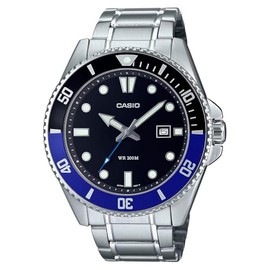 Casio MDV107D-1A2 Analog Silver Strap Unisex Adult Watch, Black/Blue Dial, 49.5 × 44.2 × 12.1 mm