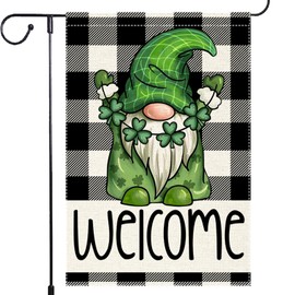 Welcome St Patricks Day Shamrocks Garden Flag 12x18 Inch Double Sided Gnome Flag for Outside Small Burlap Buffalo Plaid Holiday Yard Flag Decorations