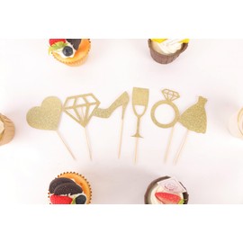 24Pack Wedding Cupcake Topper - Glitter Gold Love Heart, Ring, High heels, Diamond, Skirt Cupcake Picks, Bridal Shower Cupcake Decor (Gold)