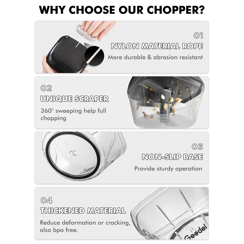 Manual Food Processor Vegetable Chopper, Geedel Pull Chopper with String,