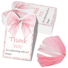 50 Pcs Pink Bow Thank You Tags with Ribbon, Bow Knot Theme Gift Tags for Coquette Baby Shower and Birthday Party Favors Decoration (Pink, 2.3 * 3.6)