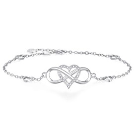 BlingGem Ladies' Infinity Anklet, 925 Sterling Silver with Round Cut Cubic Zirconia, Ankle Bracelet, Infinity Heart, Holiday gift, Silver