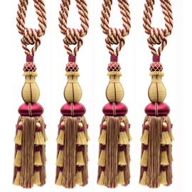 DÉCOPRO Large Elegant Curtain & Drapery Tassel Tieback, Tassel Length 12"" (30.5cm), 30"" Spread (76cm) # TBAX12, Burgundy Gold Red #1253 (Carmine Red, Yellow Gold, Dark Red) Set of 4