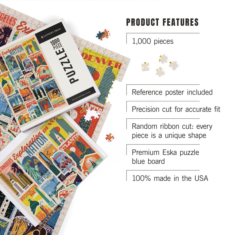 Lantern Press Woodblock Cities Collage, Exploration Nation, 1000 Piece Jigsaw