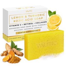VALITIC Jabón de cúrcuma de limón para manchas oscuras, jabón de ácido kójico para rostro y cuerpo, barra exfoliante para iluminar, corrector de tono de piel con retinol, vitamina C, colágeno y ácido