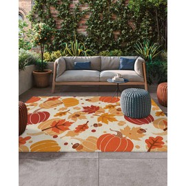 4x6 feet Outdoor Area Rug Non-Slip Carpet, Thanksgiving Fall Maple Leaf and Pumpkin Farmhouse Country Vintage Absorbent Mat Low Pile Rugs for Patio, Backyard, Deck, Picnic, Beach, Camping