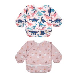 babygoal Waterproof Baby Feeding Smock with Long Sleeves with Button, 6-24 Months Reusable, Machine Washable Infants Bib Coverall for Messy Eating, Foldable, Portable, 2CXBK01-CA