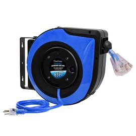 GreenProsper 65 Ft Retractable Extension Cord, 12/3 SJTOW Heavy Duty Power Cord Reel, 3 Lighted Triple Outlets,Ceiling or Wall Mount, Blue