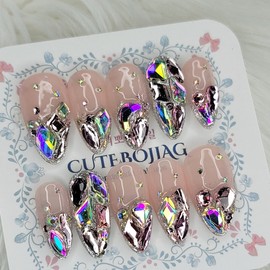 Pink Full Stone Gra Handmade Nail Tip Pedi Tip - Stiletto L / 핑크 풀스톤그라 수제네일팁페디팁 - 스틸레토L
