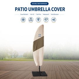 HAMLER Patio Umbrella Cover, Heavy Duty Waterproof Parasol Cover with Zipper & Telescopic Rod, Fits 12ft to 14ft Outdoor Offset Umbrella, Brown & Beige