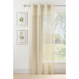 Maple Textiles Eyelet Ring Top Heading Voile Curtain Panels Soft Linen/Muslin Look with Texture Band Top and Sizes (Pair, Cream, 90" Drop)