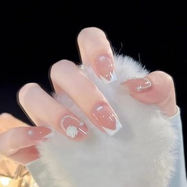 24pcs Nail Tips, Camellia Flower Nude Pink Pearl, Lovely Girly Nails