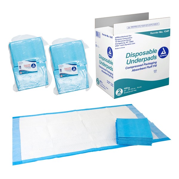 Dynarex Disposable Underpads, Medical-Grade Incontinence Bed Pads to Protect Furniture, 30”x30” (105g), with Polymer, 1 Case of 100 Pads (50 / Box)