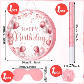 Birthday Pinata Happy Birthday Pinata with Stick Blindfold and Confetti for Boys Girls Men Women Birthday Party Supplies (Rose Gold)