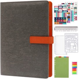 HXRTANGS A5 Ruled Notebook PU Padded Cover, 6-Ring Binder Journal Personal Organizer Planner with Pen Holder & Magnetic Closure, 80 Sheets / 160 Pages, for Office School Travel Use, Light Grey