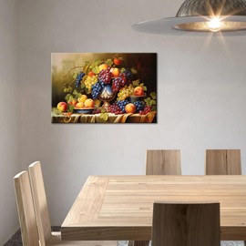 Kitchen Fruit Canvas Wall Art Vintage Still Life Painting Fruits and Grape Print Picture Rustic Farmhouse Colorful Framed Food Art for Dining Room Home Decor