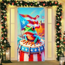 BlissYard Puerto Rico Flags Frog Door Cover Banner 71x35 Inch Puerto Rican Flag Door Cover Backdrop Porch Front Door Cover Background for Outdoor Decor Supplies Home Party Holiday and Celebrations