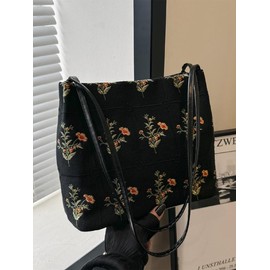 Women's Elegant Floral Fabric Shoulder Bag, Summer Trendy Large Capacity Tote Bag, Chic Spring All-match Shoulder Bag for Daily & Work & Back To School, Unique Bags:_Beige_Please Refer To The Pictures for Dimensions