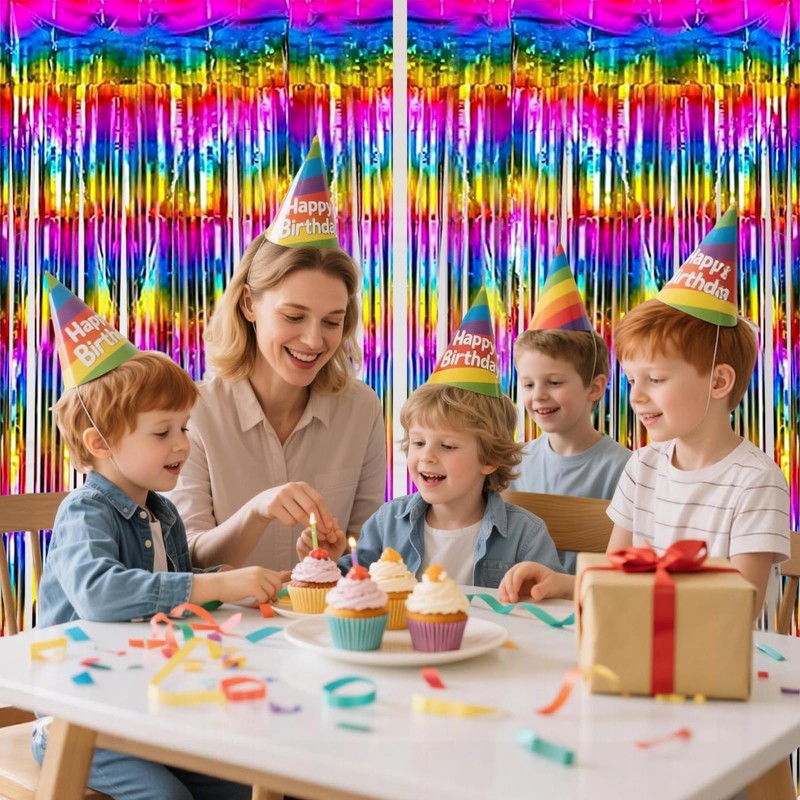 Wqafe 2PCs Rainbow Glitter Tinsel Curtains 3.2x6.5ft Foil Iridescent Curtain