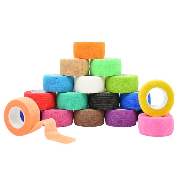 Yuronam 18 Pack Self Adhesive Bandage Wrap Stretch Self Adherent Tape for Sports, Finger, Wrist, Ankle, Breathable Cohesive Vet Tape for Pets (18 Colors,1 Inch x 5 Yards/Roll)