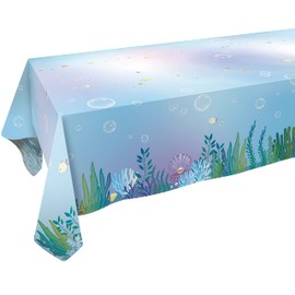 9x5ft Fabric Under The Sea Tablecloth Little Mermaid Table Cover for Under Sea Birthday Party Decoration Bubble Ocean Beach Pool Wedding Reception Table Cloths Dessert Tablecloths Kids Party Supplies