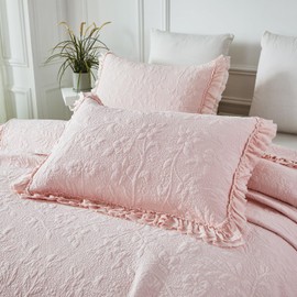 Brandream Standard Size Quilted Pillow Shams Cotton Set of 2 Light Pink Farmhouse Ruffled Edge Decorative Pillow Covers