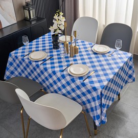 Subakvo Vinyl Tablecloth with Flannel Backing - Waterproof, Fade-Resistant, Lock-Edge, Floral & Herringbone Patterns for Dining, Parties & Outdoor Use (Plaid,Deep Blue and White, 60" x 120")