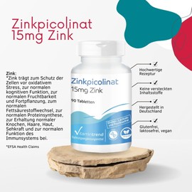 Zinc Picolinate - with 15 mg Zinc - 90 Tablets - High Dose - Safe Dosage - Vegan - Bioavailable Supplements from Germany | Vitamintrend