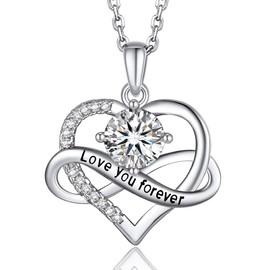MomentWish Infinity Sign Engraved Necklace with 1 Carat Moissanite Heart Shape Chain, 925 Sterling Silver Chain, Gift for Valentine's Day and Birthday, Sterling Silver, Moissanite