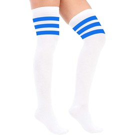 Crazy Chick® Ladies Girls Over the Knee Thigh High Socks - Womens Referee 3 Stripes Cotton Casual Boot Stockings - Long Cheerleader Socks for Daily Wear Sports Cosplay (White with Blue)