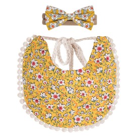 LILYBUG Baby Bibs Bow Headband Set for Girls, exclusive 3 layers with super absorbent TPU cotton fabric as inter layer. Muslin Bibs with adjustable straps for Teething and Drooling