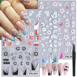 3 Sheets 5D Embossed Flower Nail Stickers for Nail Art Self-Adhesive French Tip Nail Art Stickers Black Red Blue Pink Floral Nail Decals Design Summer Flowers Nail Art Supplies for Women Girls