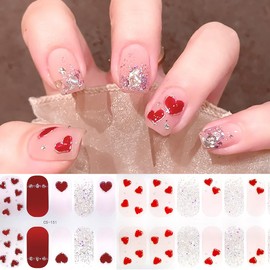 6 Sheets Valentine's Day Gel Nail Stickers Red Heart Gel Nail Polish Strips Romantic Love Glitter Design Cute Valentines Day Heart Stickers Full Wrap Gel Nail Strips with No UV for Women Acrylic Nails