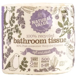 Natural Value 100% Recycled Bathroom Tissue, 500 2-Ply Sheets Per Roll (Pack of 48)
