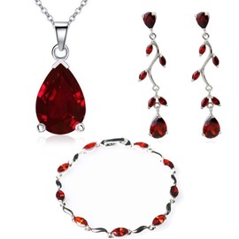 Crystalline Azuria Women 18ct White Gold Plated Teardrops Red Zirconia Crystals Set Necklace 17.7 inches Dangle Earrings Bracelet