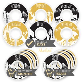 Days of the Week School Clothes Organizer, Modish Labels Weekly Monday through Friday Kids Closet Organization, Girl Boy Neutral Black Yellow Woodland Animal Outdoor Mountain Forest Safari Explorer