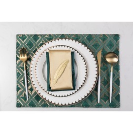 Euroca Cloth Placemats for Dining Table Woven Cotton Fabric Beautiful Design Place Mats Durable Table Mats Patio Table Mat Set (Green Pattern, Set of 6)