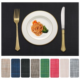 LANDVIEW Vinyl Placemats Set of 6, PVC Woven Washable Non-Slip Table Mats, Heat Resistant Wrinkle Free Place Mats for Dining Table, Easy to Clean (6, Black)