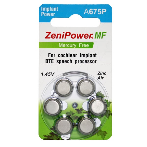 ZeniPower Mercury Free (0% Hg) Extra High Power Cochlear Implant BTE Speech Processor Batteries Zinc Air 1.4V Size 675P, 675CI, Implant Plus (6 Batteries)