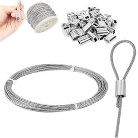 Aicosineg Wire Rope, Typhoon Protection, Stainless Wire, Wire Diameter 0.06 inch (1.5 mm), Vinyl Coated 0.01 inch (0.25 mm), Length 66.6 ft (20 m), 8 Letter Type Aluminum Sleeves, 30 Pieces, Vinyl