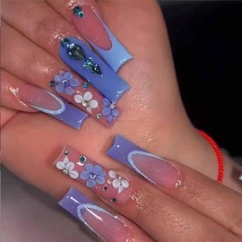 Foccna Long Blue Fake Nails Square French Press on Nails Flower Design Bling Glossy Rhinestone False Nail Tips Artificial Nails Finger Manicure for Women and Girls-24pcs