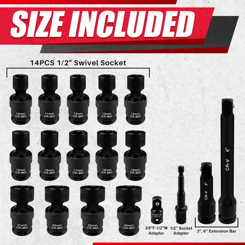 18PCS 1/2" Drive Shallow Universal Impact Socket Set,Swivel Socket Set,Metric