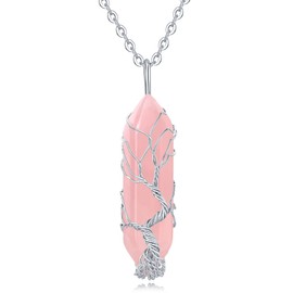 XIUQILAI Tree of Life Wire Wrapped Healing Crystal Rose Quartz Point Necklace Natural Hexagonal Gemstone Pendant Necklaces Reiki Quartz Stone Jewelry for Women