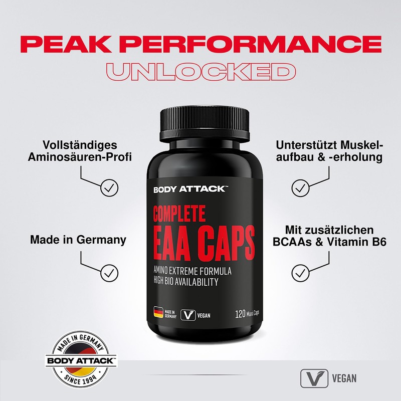 Body Attack Complete EAA Caps, 120 Capsules, Vegan, High Dose