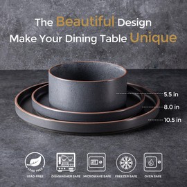 LERATIO Ceramic Dinnerware Sets for 6, High Edge Stoneware Plates and Bowls Set, Chip and Crack Resistant | Oven & Dishwasher & Microwave Safe Dishes Set, Service for 6 -Ashen